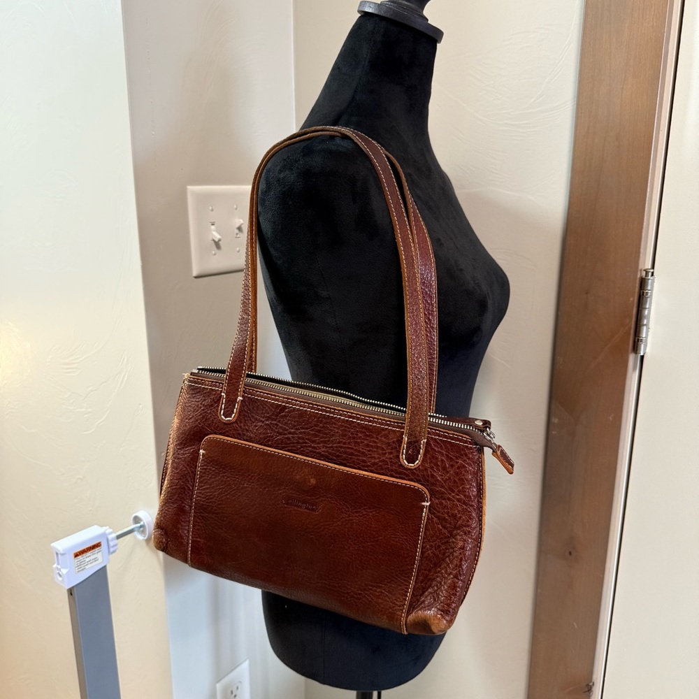 Ellington Dark Brown Leather Shoulder Purse Bag Zip Top Neutral Natural‎ Minimal